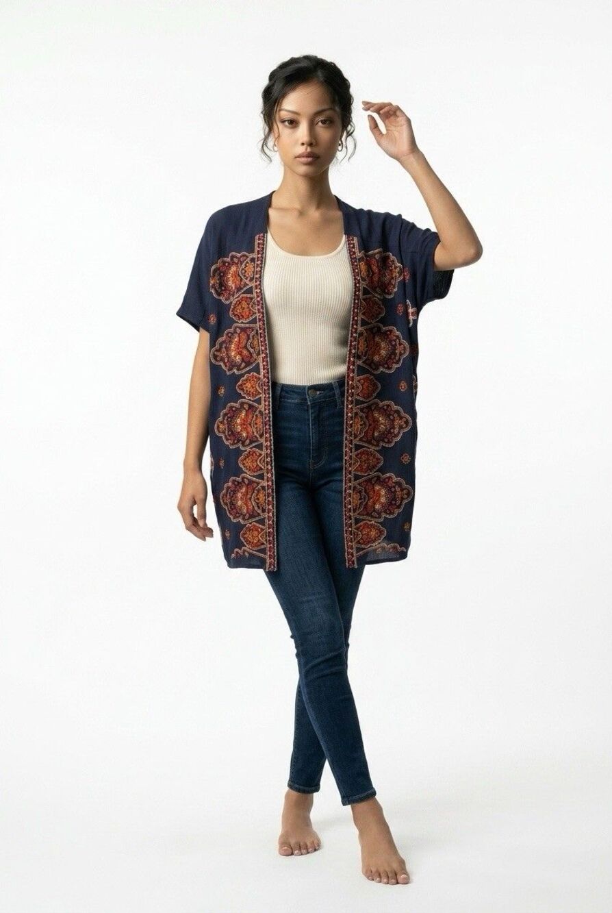 Altar'd State Navy Embroidered Open Cardigan Medium